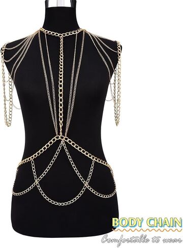 Cosydays Punk Chest Body Chain Gold Bra Chains Necklace Layered Body Chains Rave Party Wiast Chain for Women and Girls in Saudi Arabia