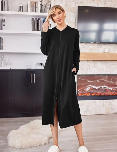 رداء Ekouaer للنساء بسحاب رداء للاسترخاء بطول كامل وجيوب ملابس نوم رداء منزلي كاجوال مستقيم in Kuwait