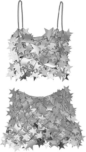 Aksod المرأة مثير نجمة انظر من خلال المحاصيل الأعلى الترتر الجوف خارج قميص بلا أكمام بيكيني نادي التستر الجسم سلسلة الملحقات (فضية علوية + تنورة) in Kuwait