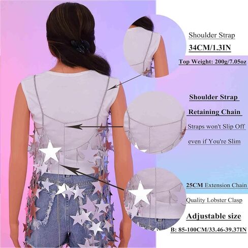 Aksod المرأة مثير نجمة انظر من خلال المحاصيل الأعلى الترتر الجوف خارج قميص بلا أكمام بيكيني نادي التستر الجسم سلسلة الملحقات (فضية علوية + تنورة) in Kuwait