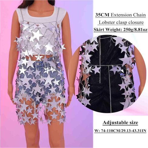 Aksod المرأة مثير نجمة انظر من خلال المحاصيل الأعلى الترتر الجوف خارج قميص بلا أكمام بيكيني نادي التستر الجسم سلسلة الملحقات (فضية علوية + تنورة) in Kuwait