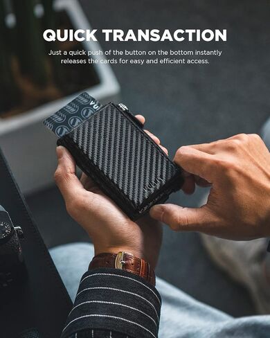 حامل بطاقة الائتمان VULKIT مع جيب جلدي بسحاب ومحفظة منبثقة RFID حافظة بطاقات معدنية رفيعة للرجال والنساء (أسود كربوني) in Saudi Arabia