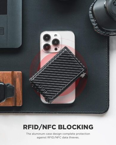 حامل بطاقة الائتمان VULKIT مع جيب جلدي بسحاب ومحفظة منبثقة RFID حافظة بطاقات معدنية رفيعة للرجال والنساء (أسود كربوني) in Saudi Arabia