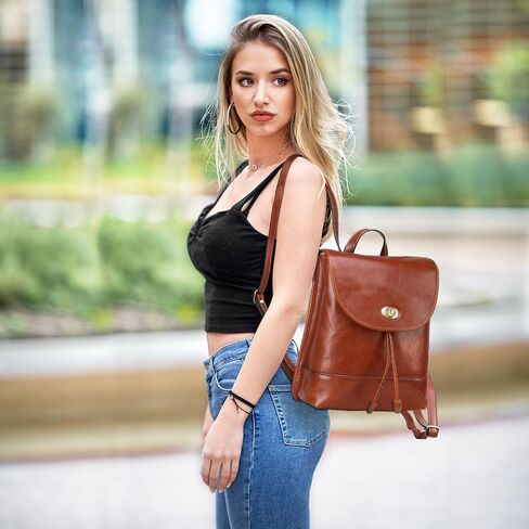 باونس شنطة ظهر عصرية من الجلد الايطالي قابلة للتحويل للنساء، شنطة كتف صغيرة مع قفل دوار بلون بني، مقاس واحد، شنطة ظهر عصرية من الجلد للنساء, بني in Kuwait