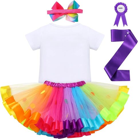 ODASDO Baby Girl Toddler Kids Boho Rainbow Birthday Cake Smash Outfit Romper Tutu Skirt Headband Badge Sash Set in Kuwait