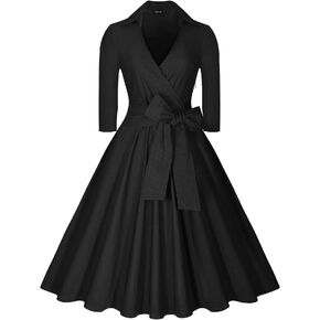 Miusol Women's Deep-V Neck Classical Bow Belt Vintage Casual Swing Dress