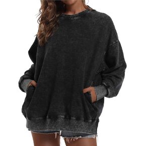 BINTEHGS Oversized Sweatshirt for Women Loose Fit Cotton Pullover Vintage Crew Neck Sweatshirts with Pocket Long Sleeve Shirt