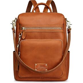 S-ZONE Genuine Leather Women Backpack Purse Vintage Fashion Shoulder Bag Travel Rucksack Daypack with Tassel Luggage Sleeve Cognac