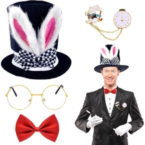 White Rabbit Costume Set Mad Hatter Hat Rabbits Ears Topper Plush Hat for Halloween Easter Accessories Set