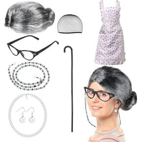 Keymall Old Lady Wig Accessories Old Women Grandma Granny Costume for Halloween Cosplay 100 Days of School