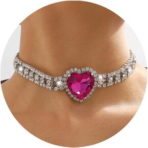 Aktully Rhinestone Heart Necklace for Women Crystal Heart Choker Necklace Silver Tennis Necklace Hot Pink Heart Necklace for Women Girls Birthday Party Prom Jewelry Accessories in Saudi Arabia