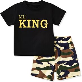 fioukiay Toddler Boy Summer Clothes Outfits Little Kids Short Sleeve Funny Letter Print T-Shirt Camo Shorts Clothing Set in Kuwait