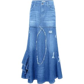 CHARTOU Women's Distressed Packaged Hip Irregular Ruffle Tiered Maxi Long Denim Skirt in Kuwait
