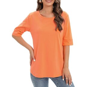 Summer Tops for Women Fashion Loose Fitting Mid Sleeve Crewneck Cotton T Shirts