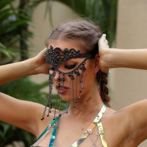 MineSign Tassel Mask chain for Women Fringe Masquerade Head Chain Rhinestone Face Jewelry for Halloween PartyCosplay in Saudi Arabia