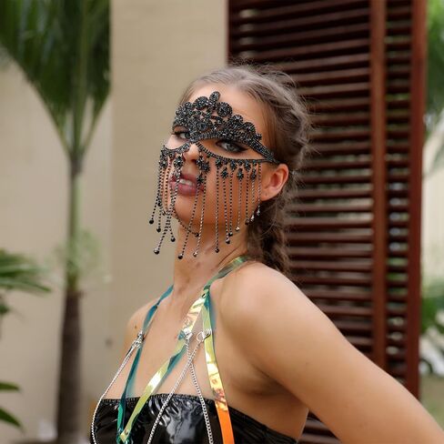 MineSign Tassel Mask chain for Women Fringe Masquerade Head Chain Rhinestone Face Jewelry for Halloween PartyCosplay in Saudi Arabia