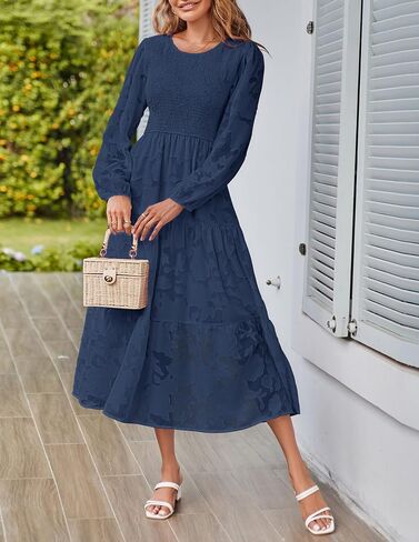 MEROKEETY Womens 2023 Wedding Guest Dresses Long Sleeve Crewneck Floral Textured Flowy Tiered Midi Dresses in Saudi Arabia