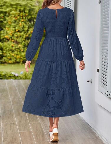 MEROKEETY Womens 2023 Wedding Guest Dresses Long Sleeve Crewneck Floral Textured Flowy Tiered Midi Dresses in Saudi Arabia
