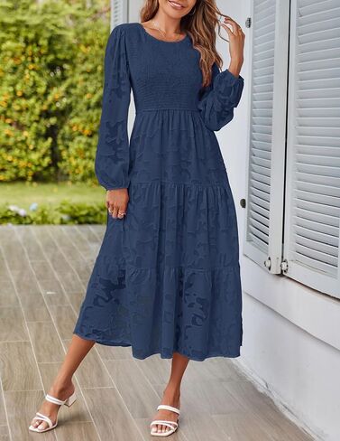 MEROKEETY Womens 2023 Wedding Guest Dresses Long Sleeve Crewneck Floral Textured Flowy Tiered Midi Dresses in Saudi Arabia