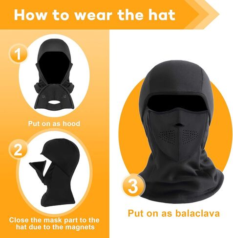قناع تزلج بالاكلافا في الطقس البارد من زيردوسين قناع الشتاء مقاوم للرياح مصنوع من الصوف الحراري للدراجات النارية قناع الوجه بتصميم مغناطيسي لتدفئة الرقبة أسود، مقاس واحد, أسود, One Size in Kuwait