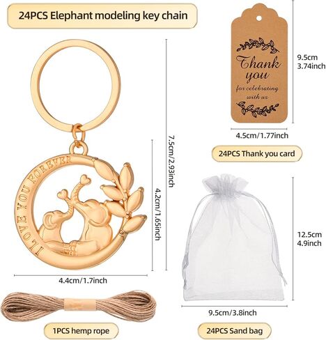 24 قطعة (I LOVE YOU FOREVER) سلسلة مفاتيح بتصميم فيل وحلقة مفاتيح مفضلة لحفلات استقبال المولود وحفلات الزفاف وهدايا الحفلات والهدايا التذكارية والديكورات، مع ملصقات وحقائب حريرية in Kuwait