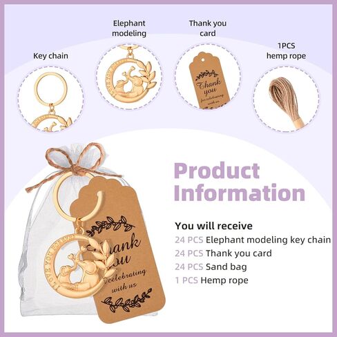24 قطعة (I LOVE YOU FOREVER) سلسلة مفاتيح بتصميم فيل وحلقة مفاتيح مفضلة لحفلات استقبال المولود وحفلات الزفاف وهدايا الحفلات والهدايا التذكارية والديكورات، مع ملصقات وحقائب حريرية in Kuwait