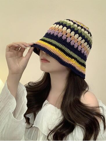 Women Crochet Bucket Hats Handmade Cloche Hats Knitted Beanies Floppy Fishing Hat Floral Cap Striped Trendy Outdoor in Saudi Arabia