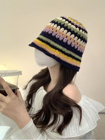 Women Crochet Bucket Hats Handmade Cloche Hats Knitted Beanies Floppy Fishing Hat Floral Cap Striped Trendy Outdoor in Saudi Arabia