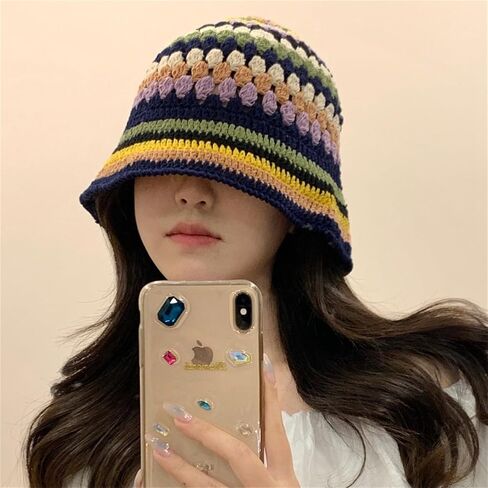 Women Crochet Bucket Hats Handmade Cloche Hats Knitted Beanies Floppy Fishing Hat Floral Cap Striped Trendy Outdoor in Saudi Arabia