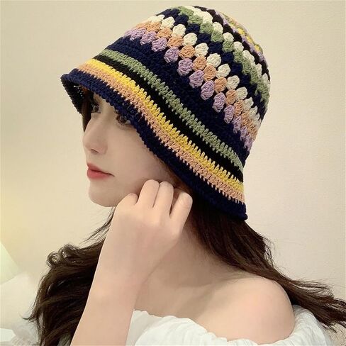 Women Crochet Bucket Hats Handmade Cloche Hats Knitted Beanies Floppy Fishing Hat Floral Cap Striped Trendy Outdoor in Saudi Arabia