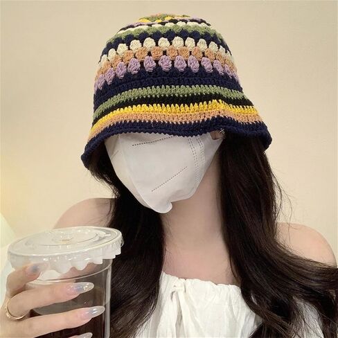 Women Crochet Bucket Hats Handmade Cloche Hats Knitted Beanies Floppy Fishing Hat Floral Cap Striped Trendy Outdoor in Saudi Arabia