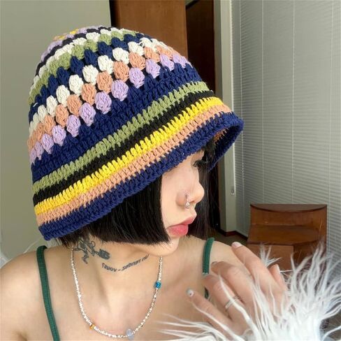 Women Crochet Bucket Hats Handmade Cloche Hats Knitted Beanies Floppy Fishing Hat Floral Cap Striped Trendy Outdoor in Saudi Arabia