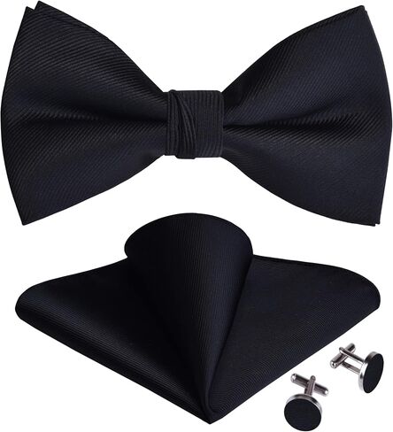 GUSLESON Mens Solid Color Jacquard Woven Adjustable Pre-tied Bow Tie and Pocket Square Cufflink Set with Gift Box in Kuwait