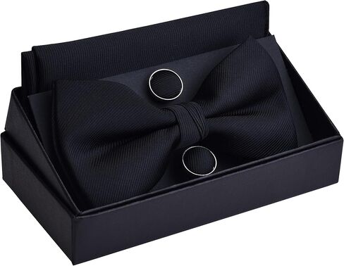 GUSLESON Mens Solid Color Jacquard Woven Adjustable Pre-tied Bow Tie and Pocket Square Cufflink Set with Gift Box in Kuwait