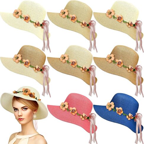 8 Pcs Tea Party Hat Bulk for Women Flower Lace Ribbon Wide Brim Hats Fancy Straw Hat with Flowers Caps Fascinator Hats for Tea Party Birthdays Supplies in Kuwait