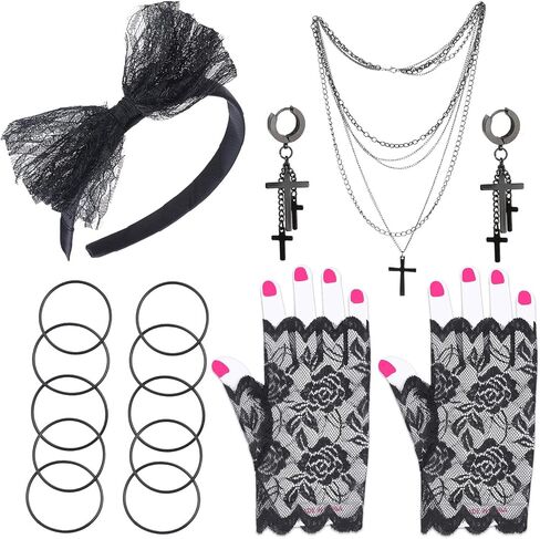 Beelittle 80s Costume Accessories Women Madonna Outfit with 1980s Fishnet Lace Gloves Bow Headband Earrings Necklace Bracelet in Saudi Arabia