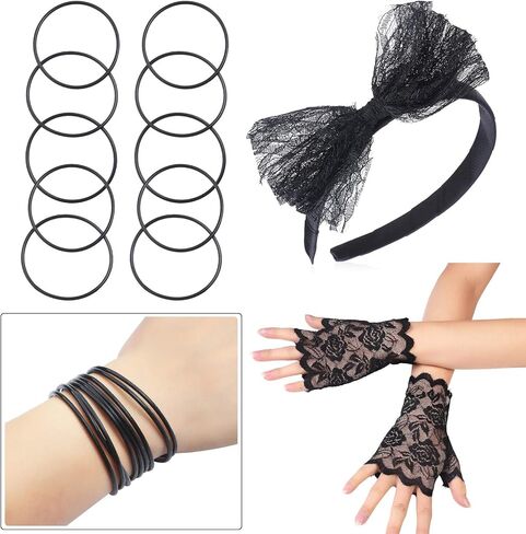 Beelittle 80s Costume Accessories Women Madonna Outfit with 1980s Fishnet Lace Gloves Bow Headband Earrings Necklace Bracelet in Saudi Arabia