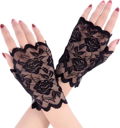 LUOEM زوج واحد من قفازات الدانتيل بدون أصابع للنساء، قفازات نصف إصبع للزفاف، حماية من الأشعة فوق البنفسجية، قفازات بدون أصابع، قفازات مقاومة للشمس (أسود) in Kuwait