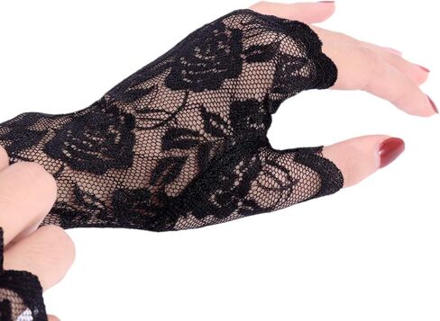 LUOEM زوج واحد من قفازات الدانتيل بدون أصابع للنساء، قفازات نصف إصبع للزفاف، حماية من الأشعة فوق البنفسجية، قفازات بدون أصابع، قفازات مقاومة للشمس (أسود) in Kuwait