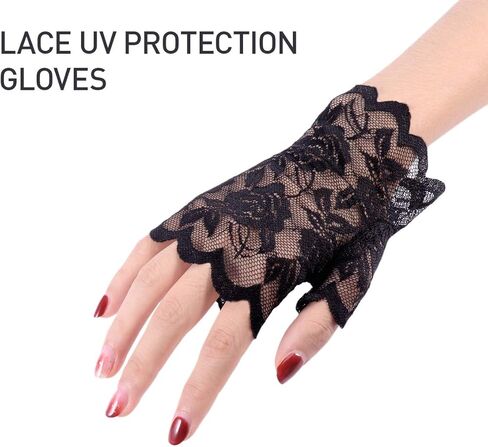 LUOEM زوج واحد من قفازات الدانتيل بدون أصابع للنساء، قفازات نصف إصبع للزفاف، حماية من الأشعة فوق البنفسجية، قفازات بدون أصابع، قفازات مقاومة للشمس (أسود) in Kuwait