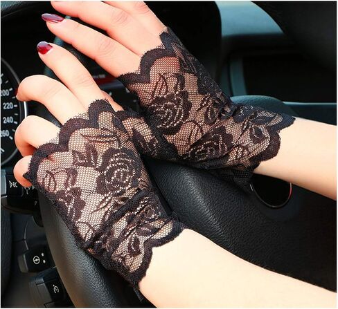 LUOEM زوج واحد من قفازات الدانتيل بدون أصابع للنساء، قفازات نصف إصبع للزفاف، حماية من الأشعة فوق البنفسجية، قفازات بدون أصابع، قفازات مقاومة للشمس (أسود) in Kuwait