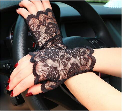 LUOEM زوج واحد من قفازات الدانتيل بدون أصابع للنساء، قفازات نصف إصبع للزفاف، حماية من الأشعة فوق البنفسجية، قفازات بدون أصابع، قفازات مقاومة للشمس (أسود) in Kuwait