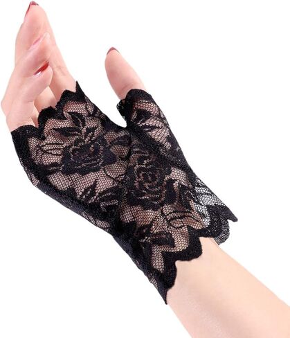LUOEM زوج واحد من قفازات الدانتيل بدون أصابع للنساء، قفازات نصف إصبع للزفاف، حماية من الأشعة فوق البنفسجية، قفازات بدون أصابع، قفازات مقاومة للشمس (أسود) in Kuwait