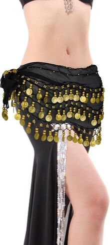Lusofie Belly Dance Hip Scarf with Gold Coins Black Belly Dance Skirt Coin Skirt Dangling Belly Dancer Costumes for Women in Kuwait