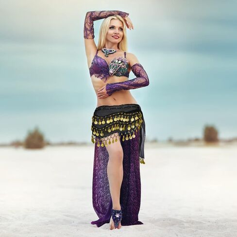 Lusofie Belly Dance Hip Scarf with Gold Coins Black Belly Dance Skirt Coin Skirt Dangling Belly Dancer Costumes for Women in Kuwait