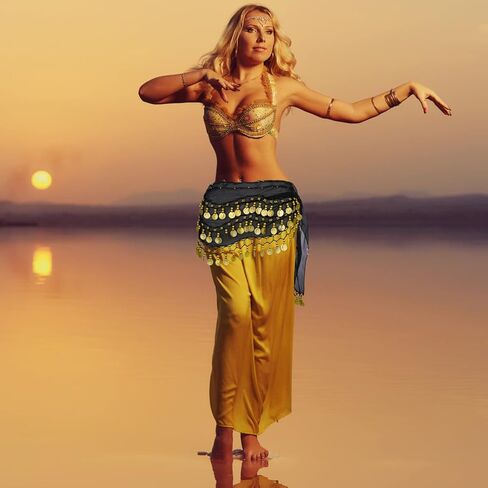 Lusofie Belly Dance Hip Scarf with Gold Coins Black Belly Dance Skirt Coin Skirt Dangling Belly Dancer Costumes for Women in Kuwait