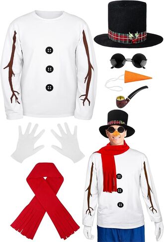 SOMSOC 8 Pieces Snowman Costume Kit Winter Frosty Costume for Men Sweatshirt Top Hat Carrot Nose Scarf Gloves for Christmas in Kuwait