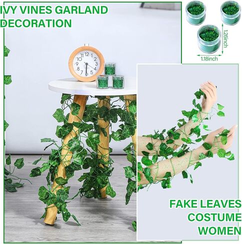 Chunyin 8 Pack 56 ft Costume Fake Leaves Costume Women Cosplay Green Artificial Garland Fake Plants Hanging Silk Vines and 3 Pcs Face Gems for Halloween Cosplay Party in Kuwait