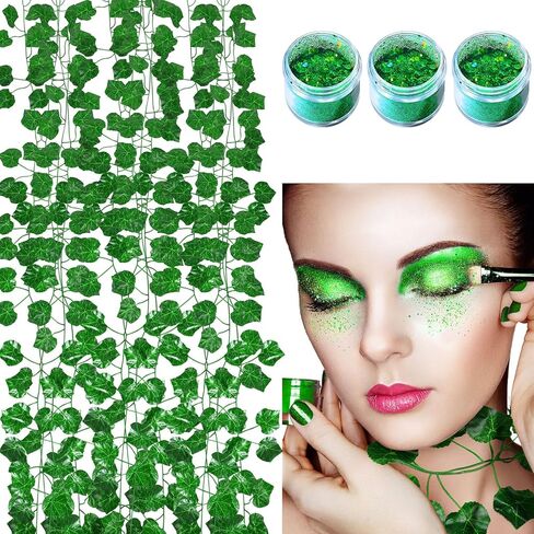 Chunyin 8 Pack 56 ft Costume Fake Leaves Costume Women Cosplay Green Artificial Garland Fake Plants Hanging Silk Vines and 3 Pcs Face Gems for Halloween Cosplay Party in Kuwait
