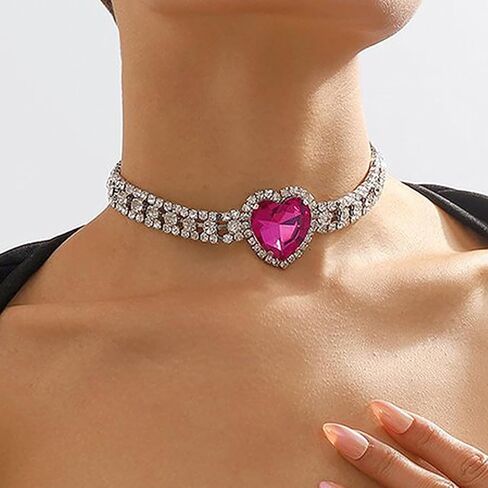 Aktully Rhinestone Heart Necklace for Women Crystal Heart Choker Necklace Silver Tennis Necklace Hot Pink Heart Necklace for Women Girls Birthday Party Prom Jewelry Accessories in Saudi Arabia